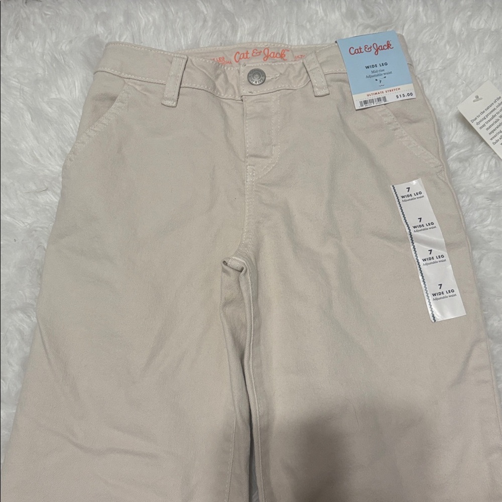 NWT Cat & Jack Beige Wide Leg Mid Rise Adjustable Waist Denim Pants Kids 7 - Picture 2 of 9